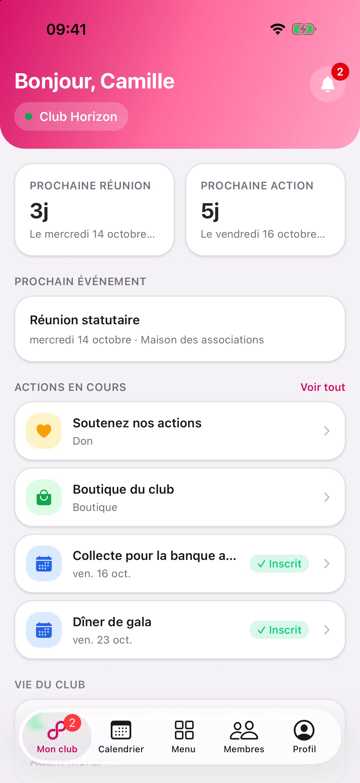 Tableau de bord de l'application Rotalink : prochaine réunion, prochaine action et actions en cours du club